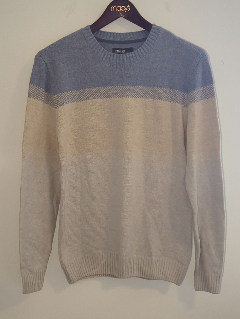 Commerce Men's Blue and Cream Crewneck Sweater Size M
